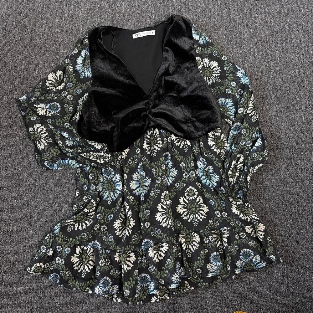 Vintage Y2k Velour Vest Floural Black Sheer Longsleeve Mini Dress Women's Xs